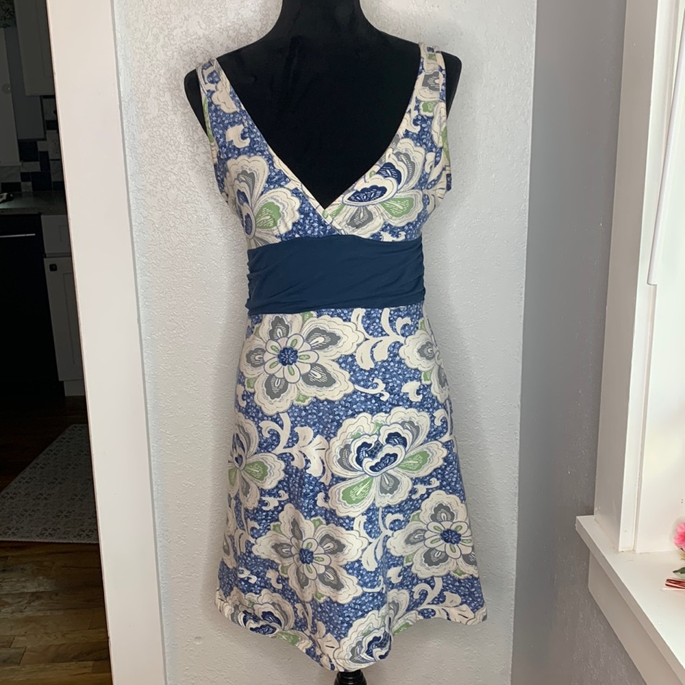 Patagonia Margot Organic Cotton Floral Empire Waist Dress Blue White Size M Y2K